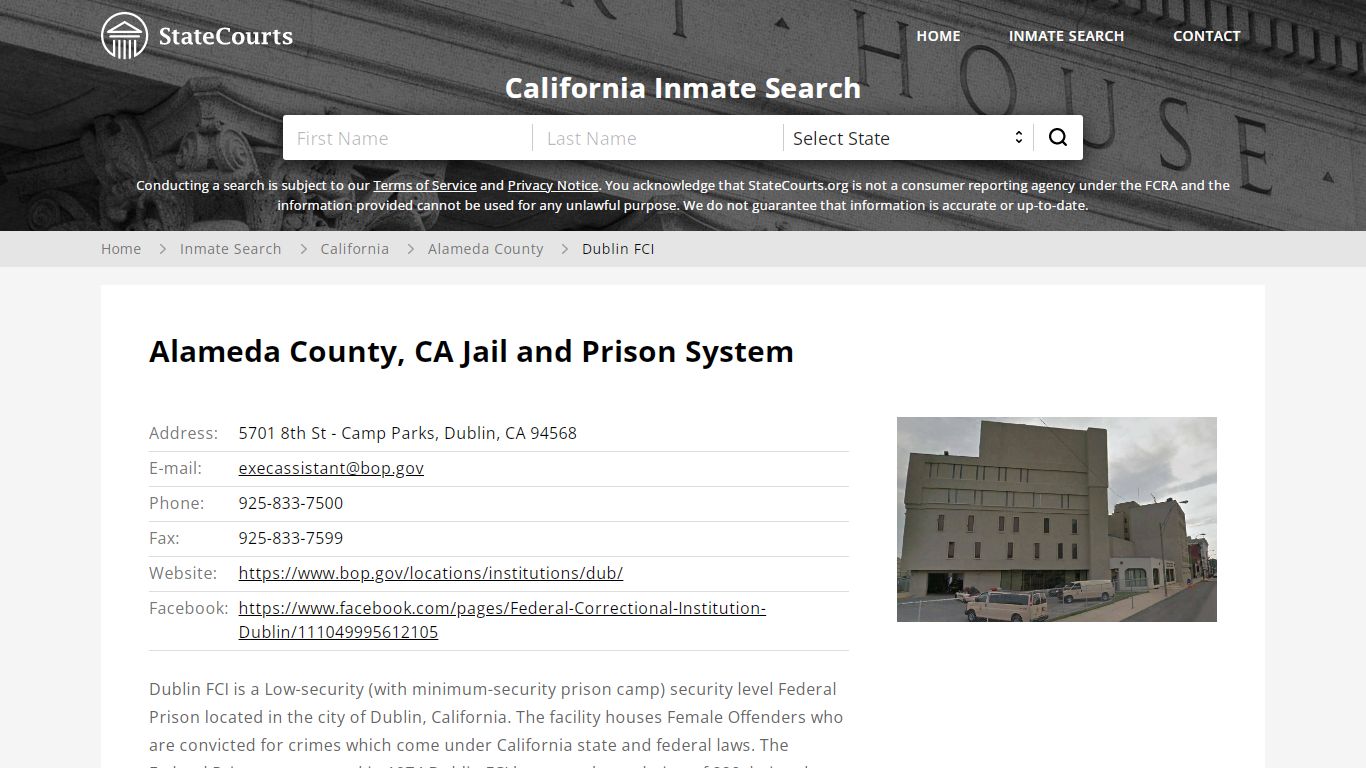Dublin FCI Inmate Records Search, California - StateCourts